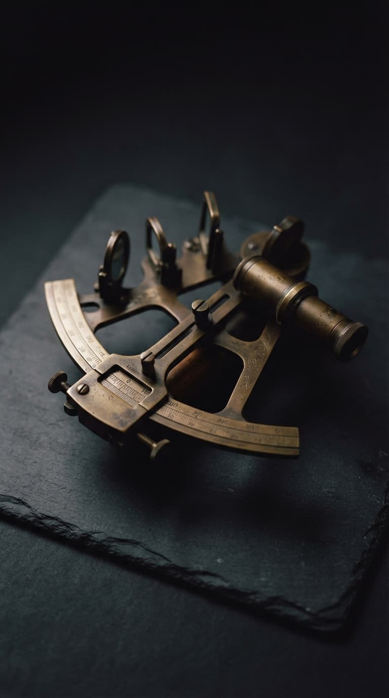 A brass sextant resting on dark stone, lit from one side.